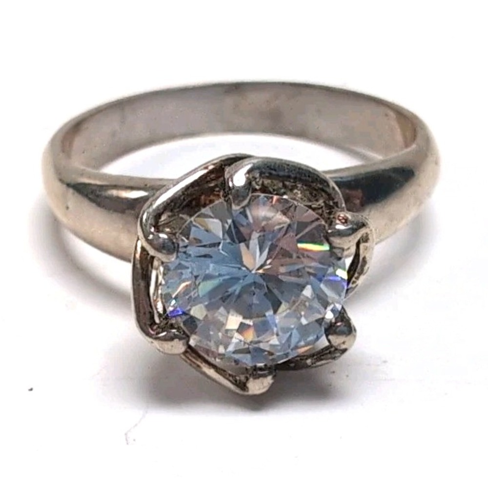 Vtg 925 Sterling Silver Solitaire Ring Large Clear CZ Flower Setting Size 9